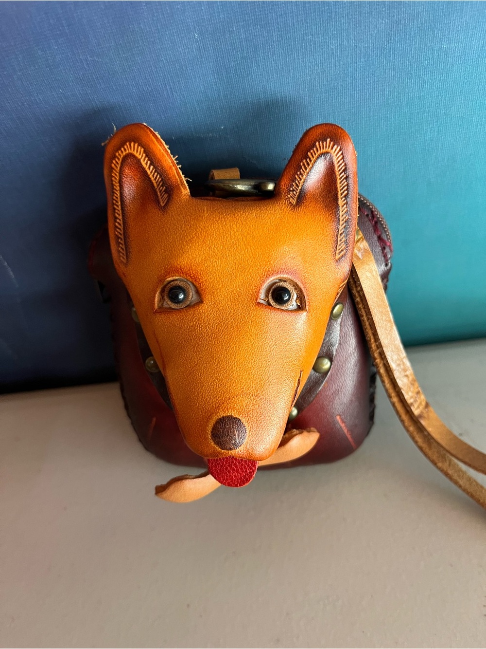 Handcrafted Tan & Brown Leather Dog Face Change Bag - Cute Pet Design